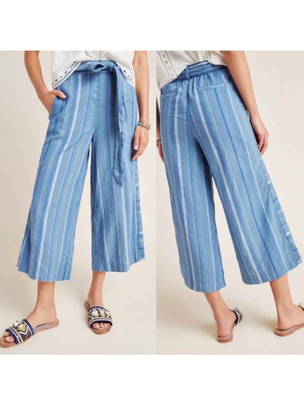 Anthropologie Blue Striped Cropped Wide-Leg Linen Pants Size Medium